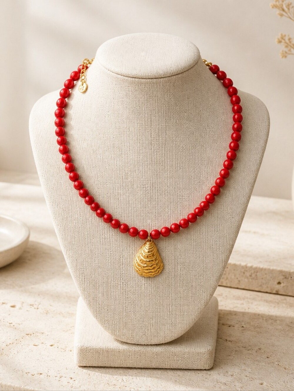 Mayamar Red Sandstone Beaded Shell Pendant Necklace & Gift Bag - Picture 2 of 4
